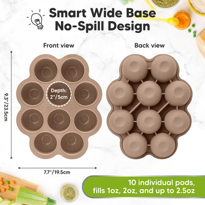 KeaBabies Silicone Food Freezer Trays with Lid, 2oz x 10 Pods Baby Food Storage Containers, Easy Puree Meal Prep, Breast Milk Silicone Freezer Molds, Dishwasher, Microwave Safe, BPA-Free (Chai Latte)