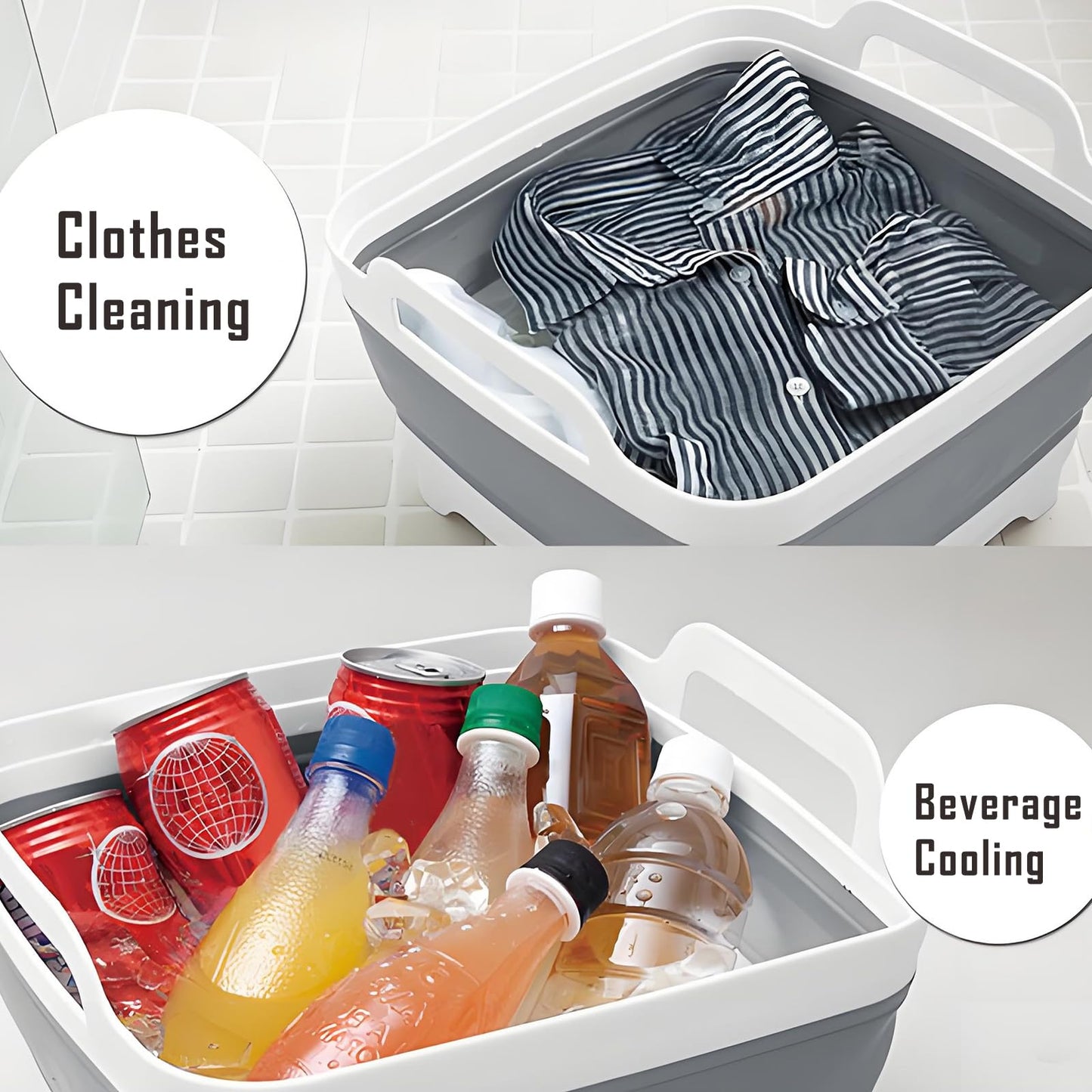 Collapsible Dish Basin with Drain Plug, 9L 2.4 Gallon Portable Wash Basin Dishpan Space Saving Dish Washing Tub Foldable Sink Tub Kitchen Storage Tray Grey