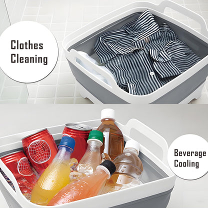 Collapsible Dish Basin with Drain Plug, 9L 2.4 Gallon Portable Wash Basin Dishpan Space Saving Dish Washing Tub Foldable Sink Tub Kitchen Storage Tray Grey