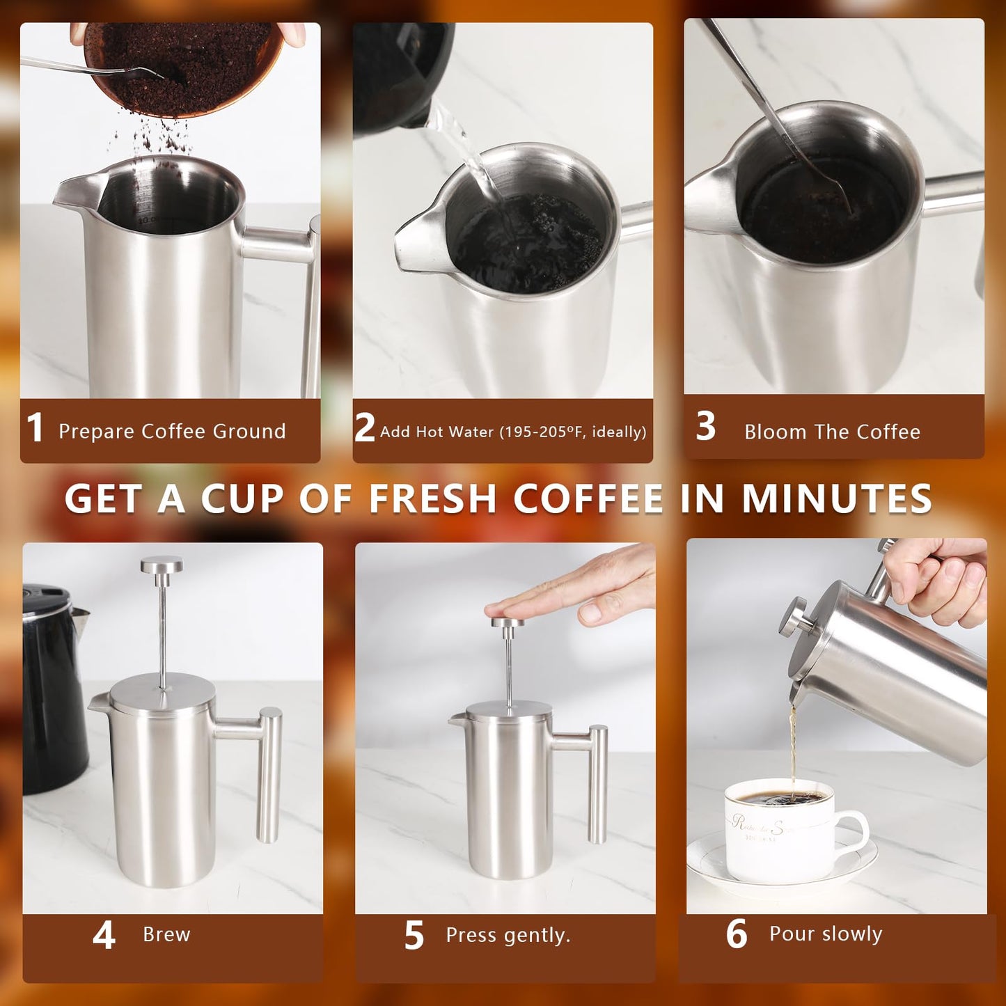 SZHETEFU French Press 34 OZ, Durable Stainless Steel French Press Coffee Maker, Double-Wall Insulated Coffee Presses for Travel Camping Tea, Easy to Use, Dishwasher Safe (Silver Matte)