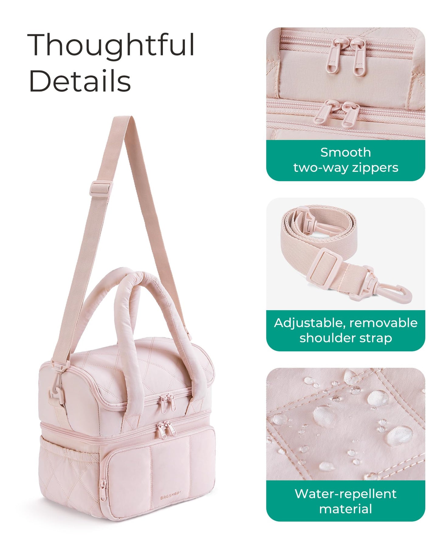 BAGSMART Lunch Bag Women, Double Deck Insulated Lunch Box, Quilted Puffer Lunch Tote, Leakproof, Durable & Reusable Large Lunch Cooler For Work Picnic Travel Meal Prep, Camel
