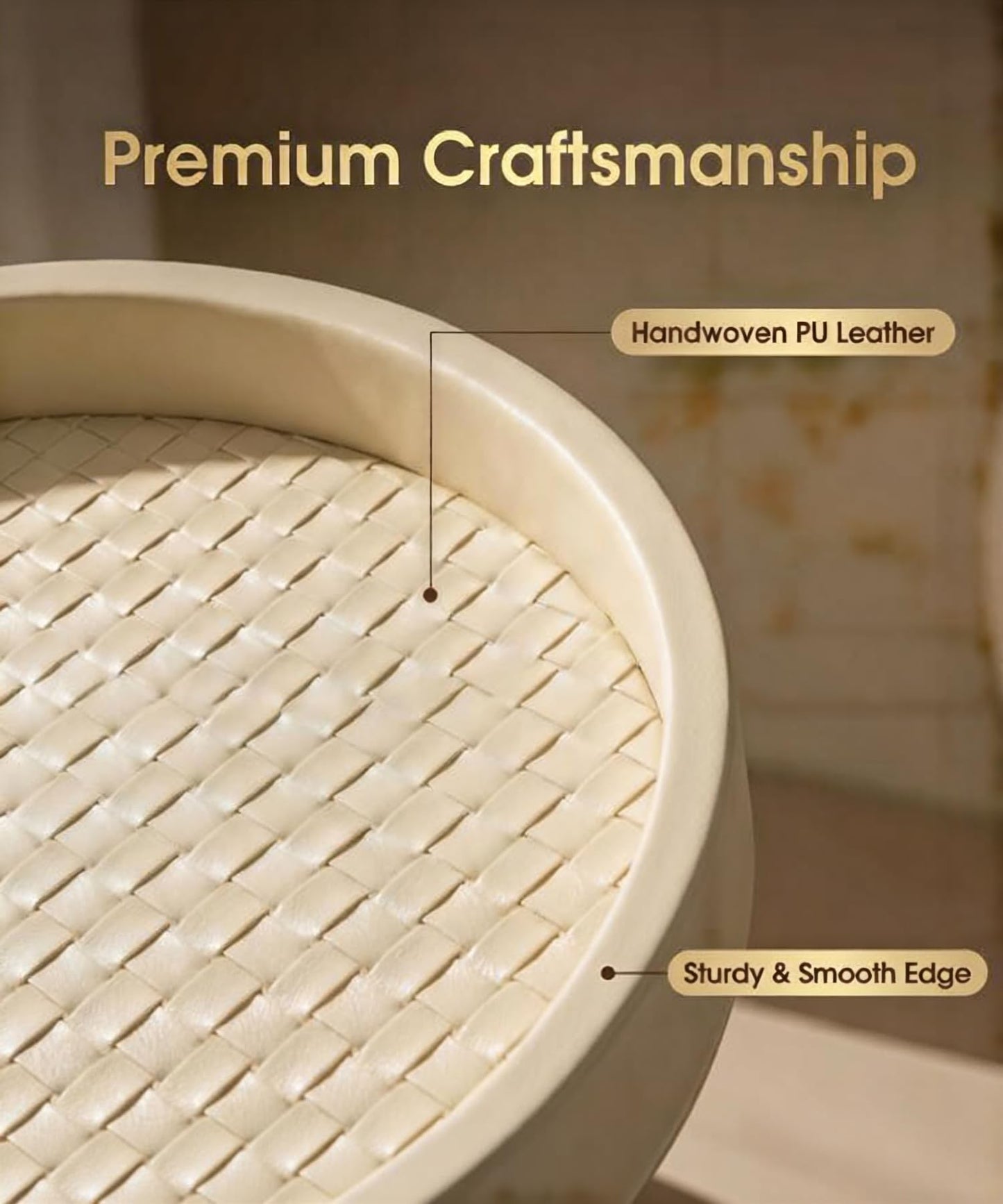 DEYIMAN Woven Leather Vanity Tray - 10 Inch Round Nightstand Organizer for Perfume & Jewelry, Beige