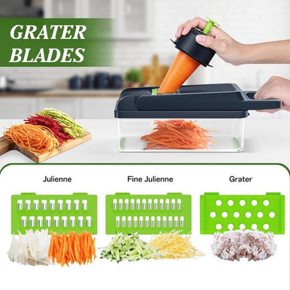 HomeHacks Vegetable Chopper - 12-in-1 Multi-Functional Kitchen Gadget with Handle | Green Dicer, Slicer & Grater