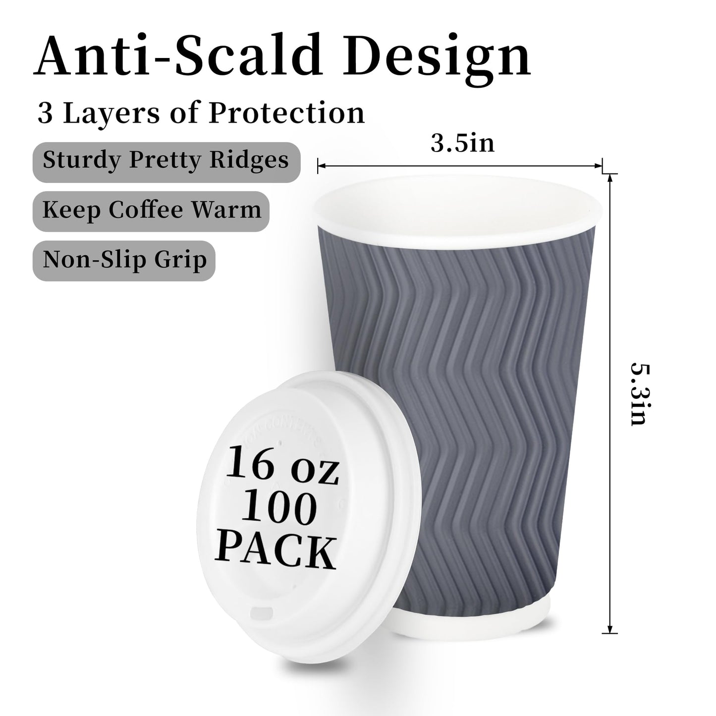 LEAGIM 100 Set - 16 oz Coffee Cups with Lids, Disposable Insulated Corrugated Paper Cups, Double Wall Ripple To Go Cups for Hot Drinks, Chocolate, Cocoa (Grey)