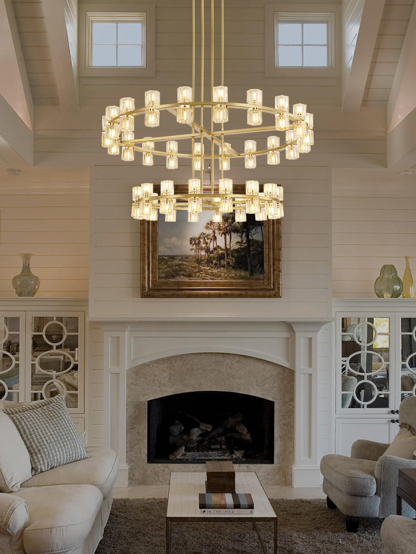 Shial Lighting 2 Tier Gold Wagon Wheel Chandelier, 108-Lights Farmhouse Pendant Light Fixture, Rustic Round Chandelier for Foyer Entryway Living Room (Dia 32"+40")