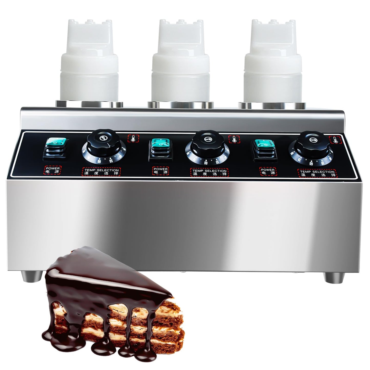 Generic YOOKTEN Electric Cheese Sauce Warmer Dispenser,0.68x3 Qt Commercial Cheese Dispenser Bottle Warmer Hot Chocolate Warmer and Dispenser 86-185℉Nacho Cheese Warmer with Bottles, Silver