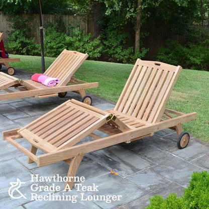 TITAN GREAT OUTDOORS Ash & Ember Grade A Teak Reclining Sun Lounger, Four Adjustable Backrest Position, Fold-Up Knee Positions, Pull-Out Tray, Weather-Resistant Outdoor Chaise Lounger with Wheels