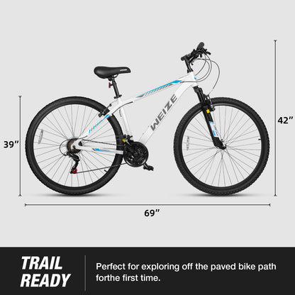WEIZE Hardtail Mountain Bike, 29 Inch Wheels Outdoor Cycling Bike, 21-Speed Trigger Shifter, Aluminum Frame for Women and Men, Comfort Saddle, MTB Bicycle with Suspension Fork, White
