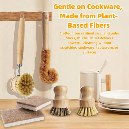Natural Bamboo Dish Brush Set - 6 PCS Kitchen Cleaning Brush Kit with 4 Utensil Brushes and 2 Coconut Fiber Dish Sponges, for Cleaning Pots, Pans, Dishes, Bottles, Vegetables, and Fruits