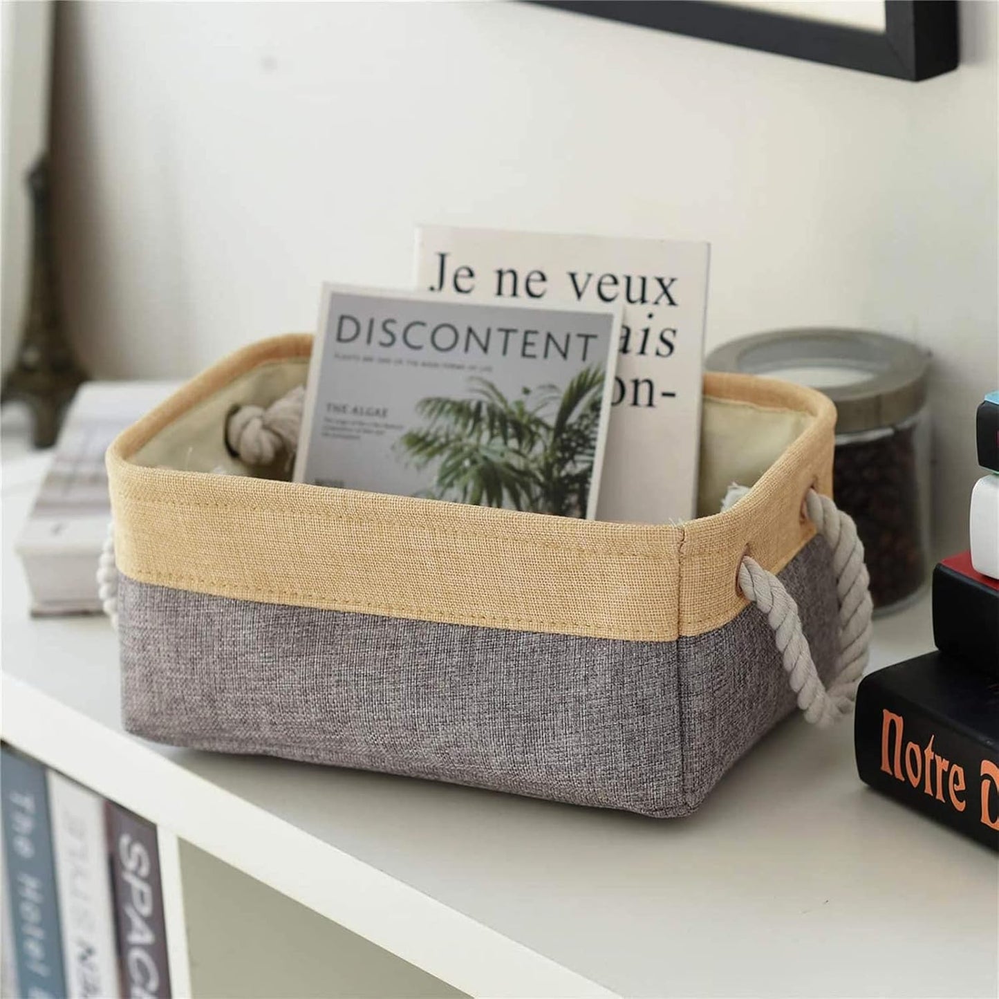 TheWarmHome Decorative Basket, Rectangular Fabric Storage Bin Organizer with Handles for Clothes Storage (Gold&Grey)