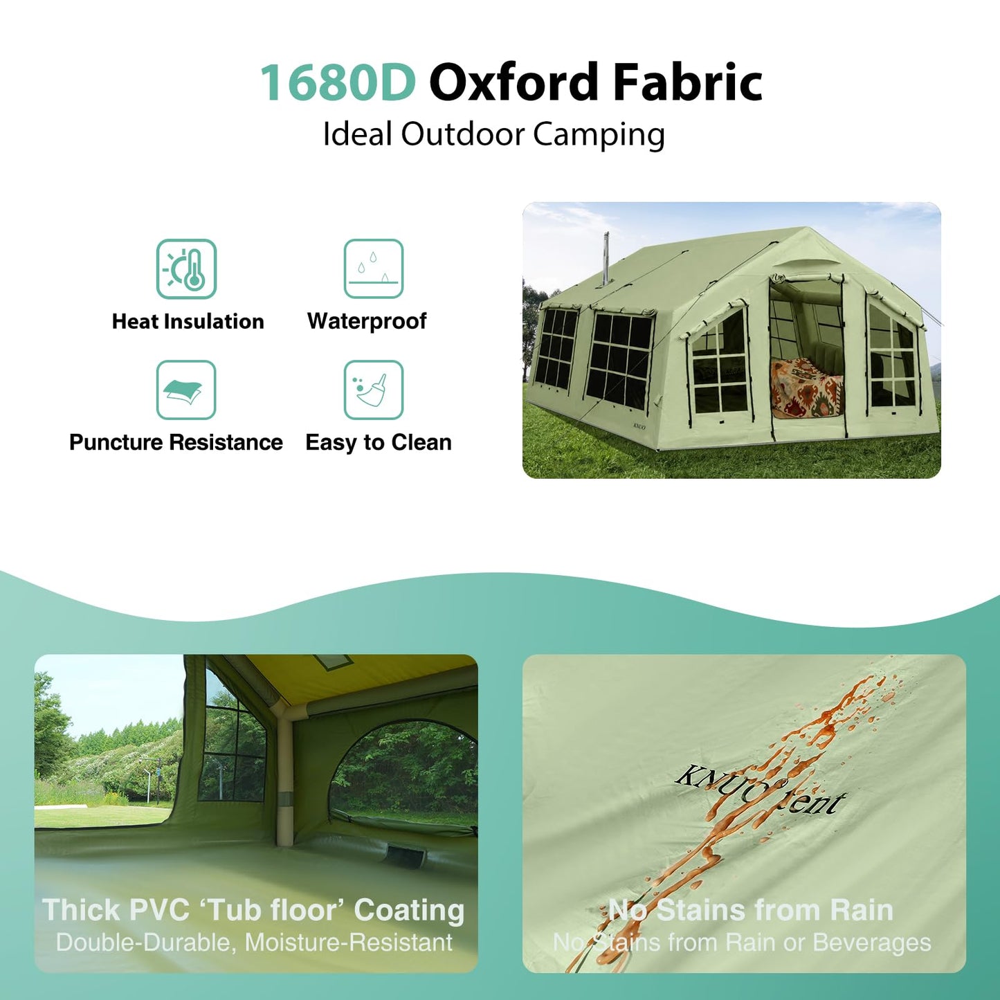 KNUO 2026 Upgraded 100% Waterproof Inflatable Camping Tent for 6~8 People, Large Blow-Up Air Tent, No Assembly Needed Luxury Glamping House, 12x15ft Oxford Fabric, Green