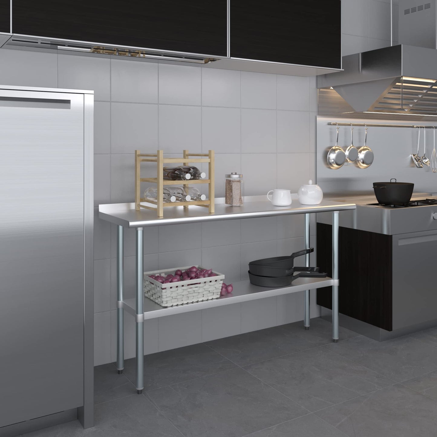 AmGood 18 in. x 60 in. Stainless Steel Work Table with 1.5 in. Backsplash | Metal Kitchen Food Prep Table