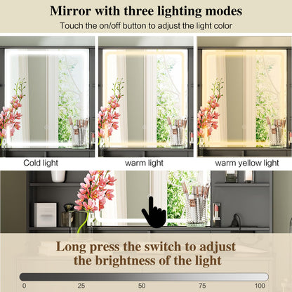Ieejdn Makeup Vanity Desk with Mirror and Lights, Vanity Desk with 8 Drawers & Storage Shelves, Vanity Table with Power Outlet, 3 Color Modes & Adjustable Brightness Dressing Table, Bedroom,Black