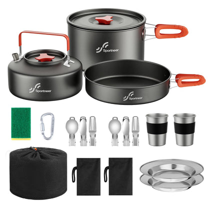 Sportneer Camping Cookware Set, 18Pcs Non-Stick Lightweight Pots, Pan, Kettle with Stainless Steel Cups, Plates, Forks, Knives & Spoons for Camping, Backpacking, Hiking, Outdoor Cooking & Picnic