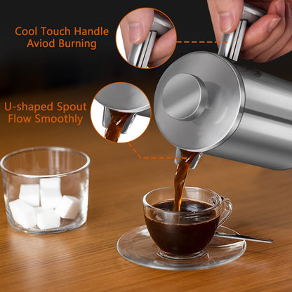 French Press, 12oz Double-Wall Insulated Coffee Maker, Stainless Steel with 3 Level Filtration System