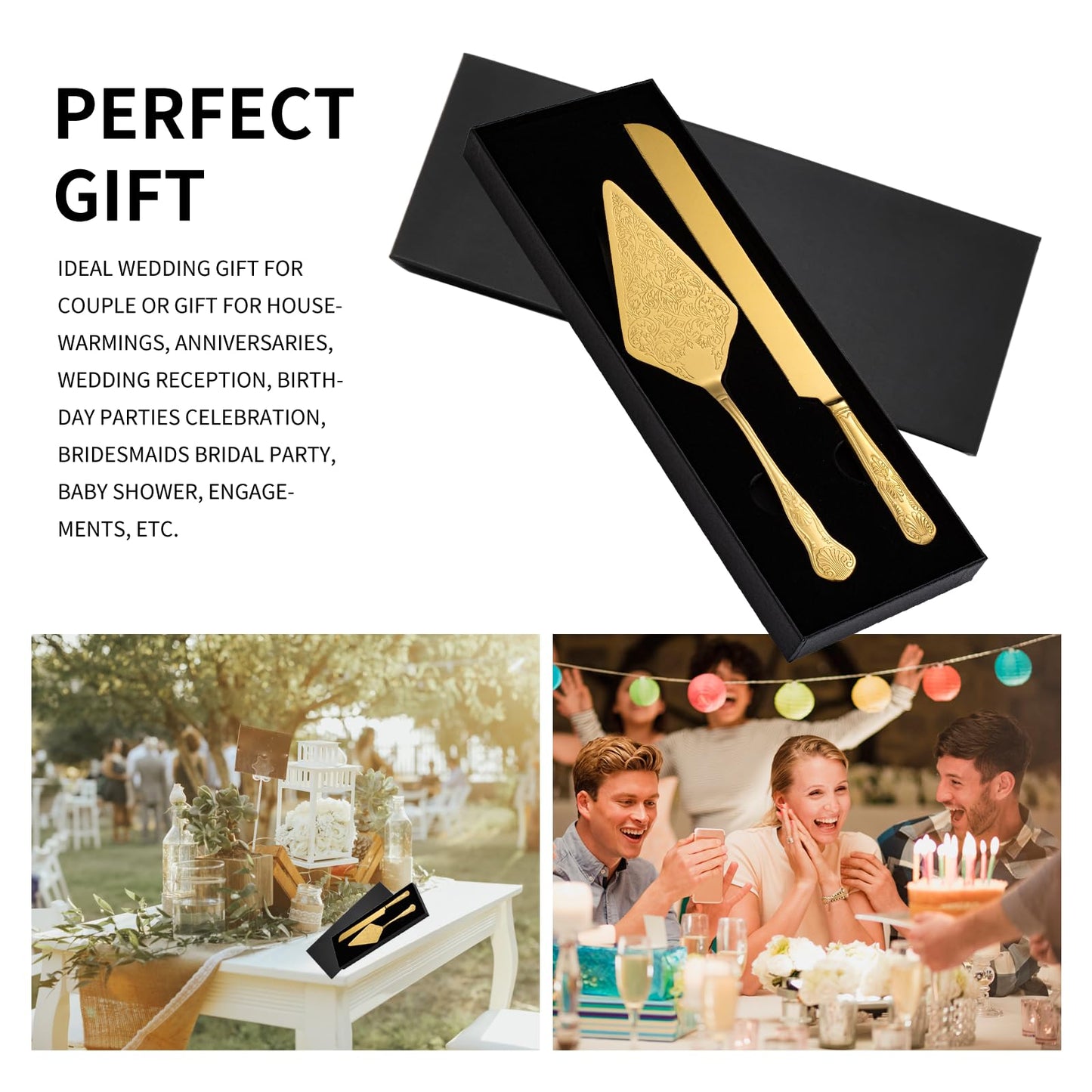 GURUDAR Vintage Wedding Cake Knife and Server Set, Stainless Steel Cake Pie Pastry Cutting Knife & Serving Spatula Set, Premium Party Supplies for Wedding, Birthday, Anniversary & Events, Gold