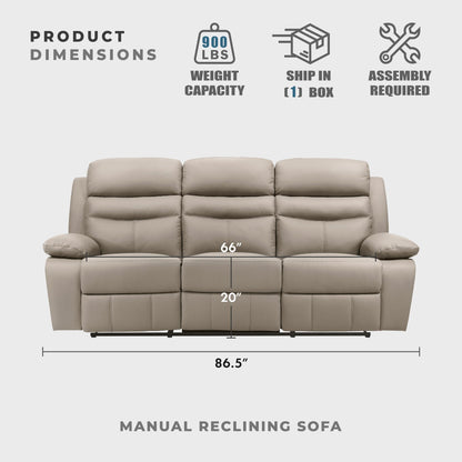Lexicon 86.5" W Manual Reclining Sofa, Top Grain Leather Match Reclining Sofa, Home Theater Seating, Wall Hugger Recliner Couch, Manual Double Recliner RV Couch for Living Room, Latte
