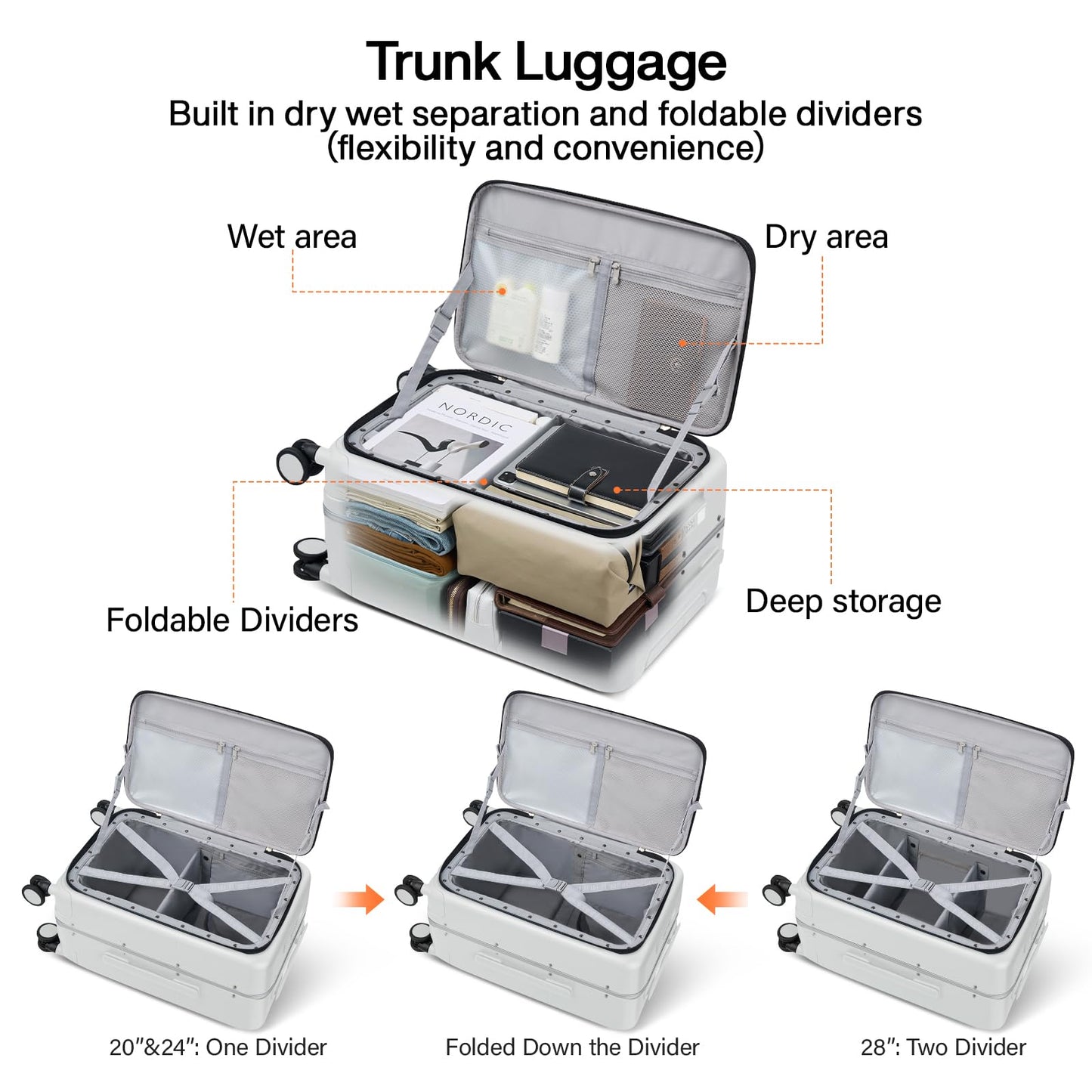 Hanke 28 Inch Checked Luggage with Cup Holder and USB Ports, Top Opening Hard Shell Suitcase with Wheels, Aluminum Frame Large Trunk Luggage with Foldable Divider & TSA Lock for Travel, Smoke White