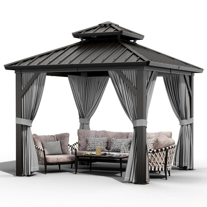 GarveeLife 10x10 ft Double Roof Hardtop Gazebo, Heavy Duty Galvanised Steel Hardtop Pavilion with Nettings and Curtains, Aluminum Gazebo for Patio, Terrace, Lawn and Deck, Grey