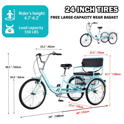 Adult Tricycle 7 Speed 24 Inch Trike, 3 Wheel Bikes Extended Rear wheelbase Trikes Wheel Bike with Rear Basket and Rear Seat, for Women,Men,Seniors,Maximum Load 550lbs (Blue)