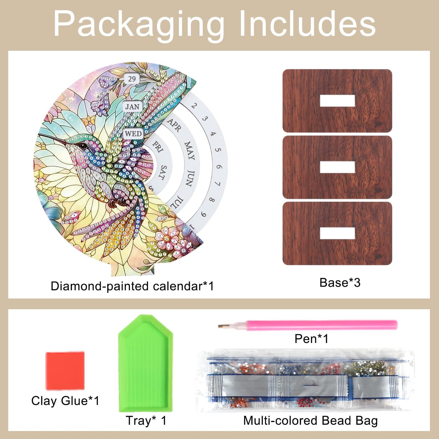 MVVMTOP Diamond Painting Wooden Rotating Calendar Kit, Hummingbird Design Special Shape Diamond Art Handicraft Kit, Rotating Day Month Week and Reusable Calendars, Ideal for Desk Decor & Gift