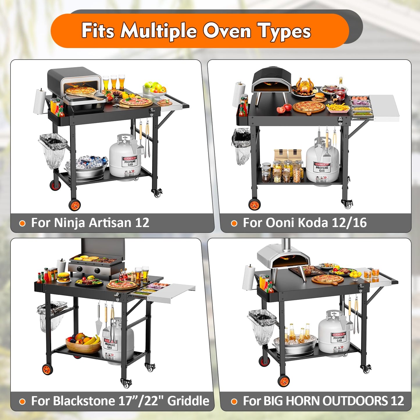 Outdoor Grill Cart for Pizza Oven, 28.8" Extra-Wide Pizza Oven Table, Heavy Duty Grill Cart with Pizza Topping Station, Grill Tables for Outside, Prep Station for Blackstone Griddle Accessories