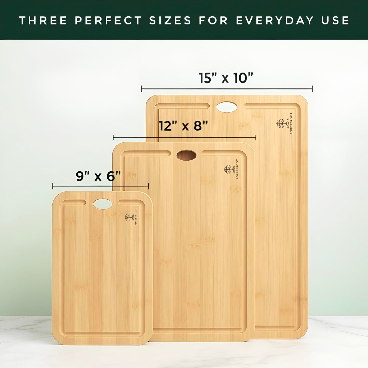 Forestroot Bamboo Cutting Board Set – 3-Piece Natural Bamboo Boards with Deep Juice Grooves & Hanging Holes, Eco-Friendly Wooden Cutting Boards for Kitchen, Perfect for Chopping Meat, Bread & Fruits