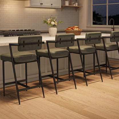 Garvee Bar Stools Set of 6 w/Arms & Footrest, Upholstered Bar Stools with Backrest & Thickened Metal Legs, Counter Height Bar Stools with Thick Cushion for Island, Counter Bar, Retro Green