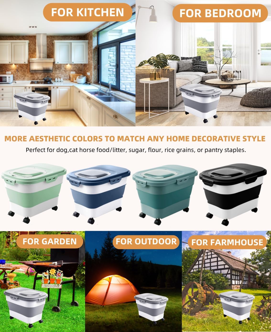 20-30 Lbs Rice Storage Container,Collapsible Food Storage Containers with Rolling Wheel Airtight Locking Lid,Flour