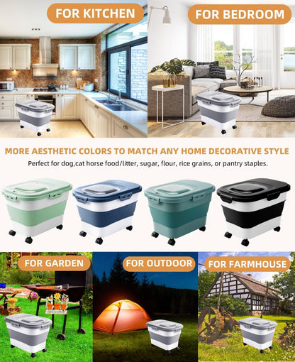 20-30 Lbs Rice Storage Container,Collapsible Food Storage Containers with Rolling Wheel Airtight Locking Lid,Flour