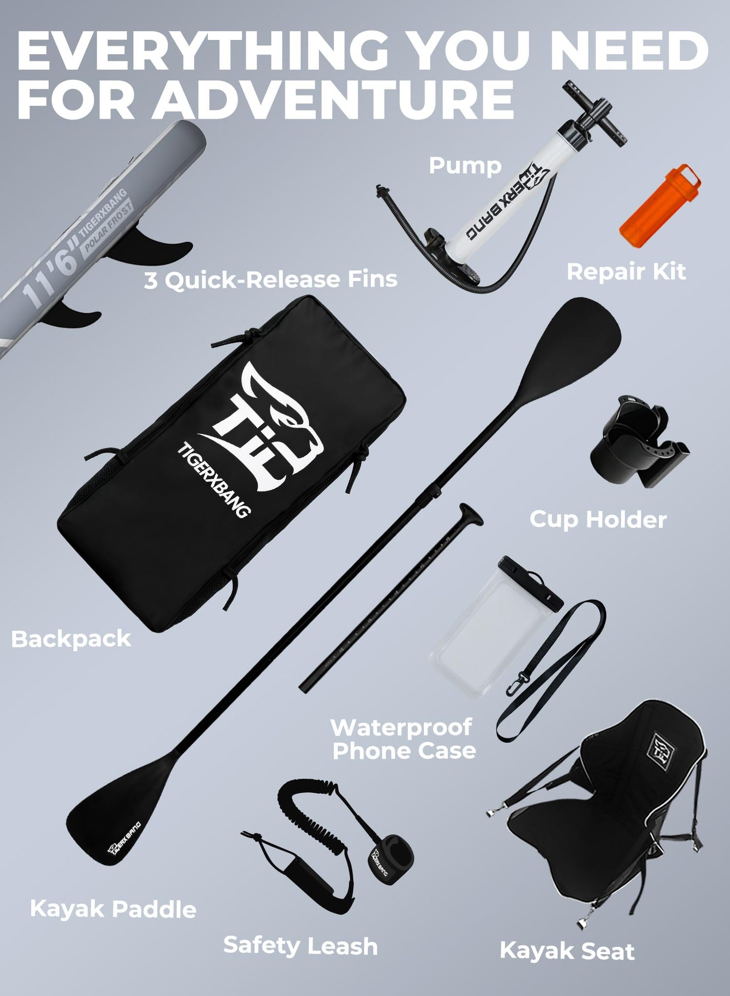 TIGERXBANG Inflatable Stand Up Paddle Board 11'6"×35"×6" with Complete Accessories, Premium Large Paddle Boards for Adults/Youth, Paddle Board Polar Frost Collection