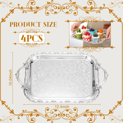 Ferrochef 4 Pcs Silver Serving Tray with Handles Elegant Victoria Floral Engraved Metal Platters Large Decorative Trays for Buffet,Wedding Party, Jewelry Display, Service(Classic,Sliver)