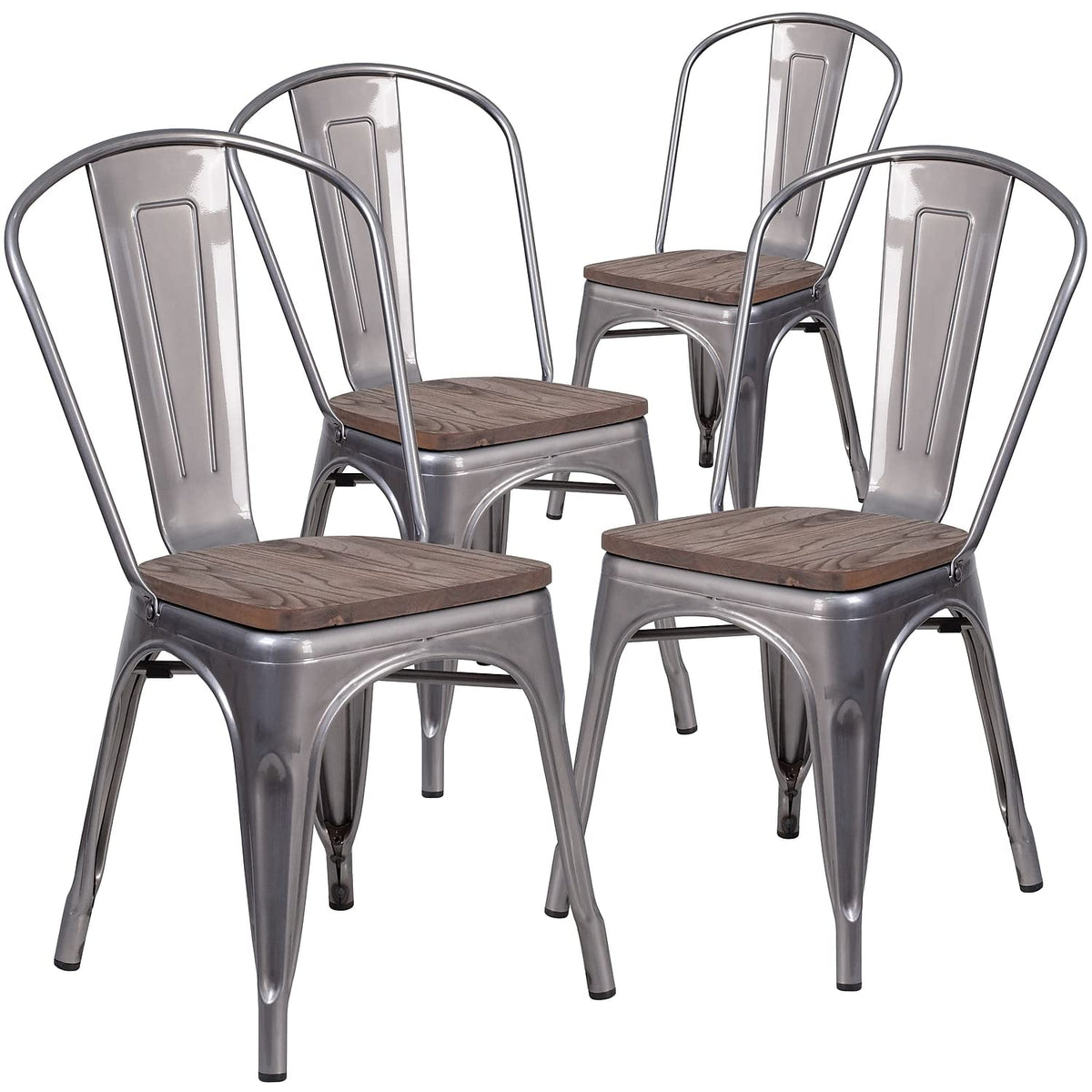 Flash Furniture Lincoln 4 Pack Clear Coated Metal Stackable Chair with Wood Seat