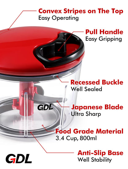 GDL Food Chopper, Pull Onion Chopper Dicer, Hand Powered Food Mincer, Fast Cutting Hand Chopper for Oinon, Garlic, Nut, 3.4 Cups 0.8L, Red