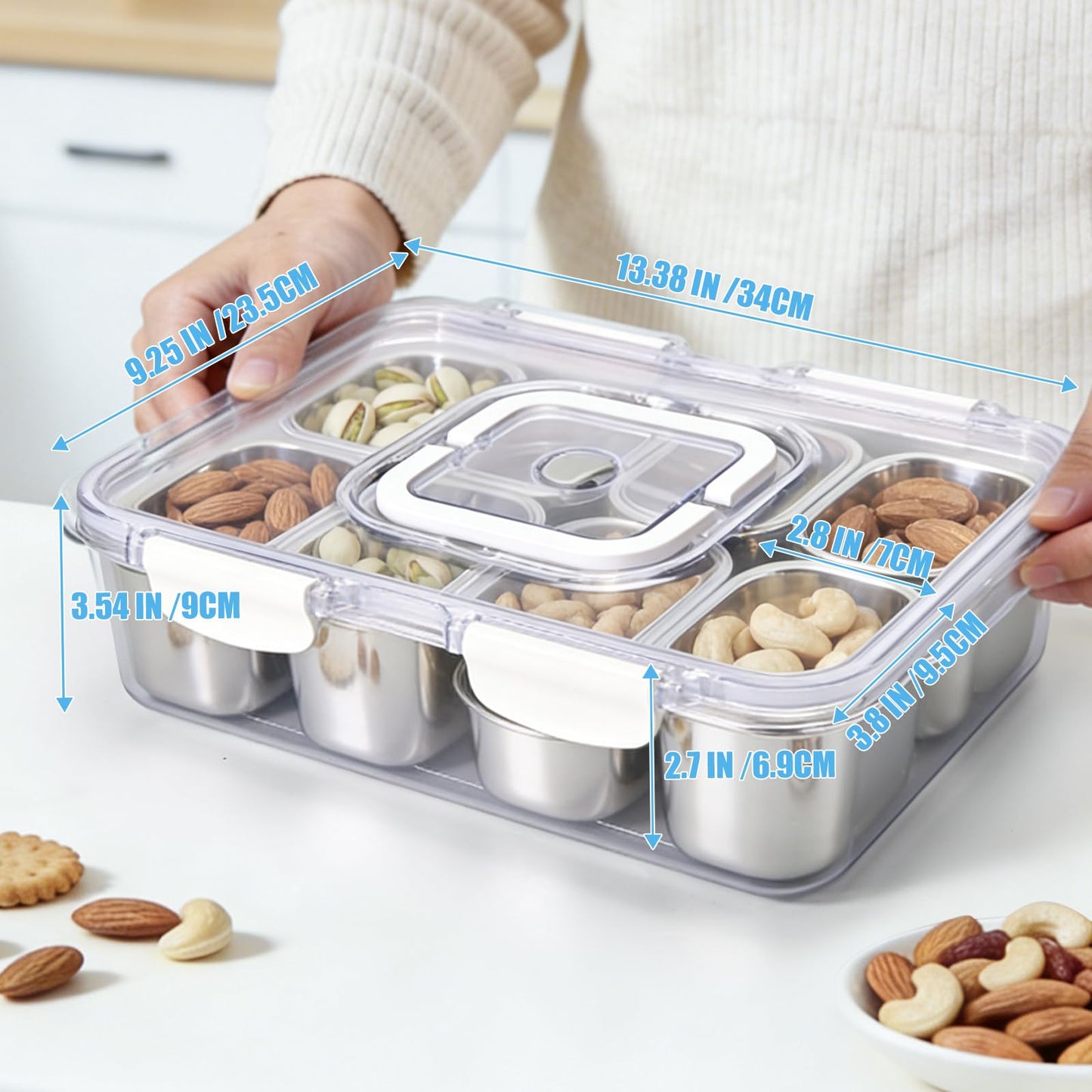Qtencas Snackle Box Container with 8 Portable Removable Compartments, Ice Pack, Sauce Cup & Fork, Stainless Steel Divided Serving Tray with Lid and Handle for Road Trips Beach Camping