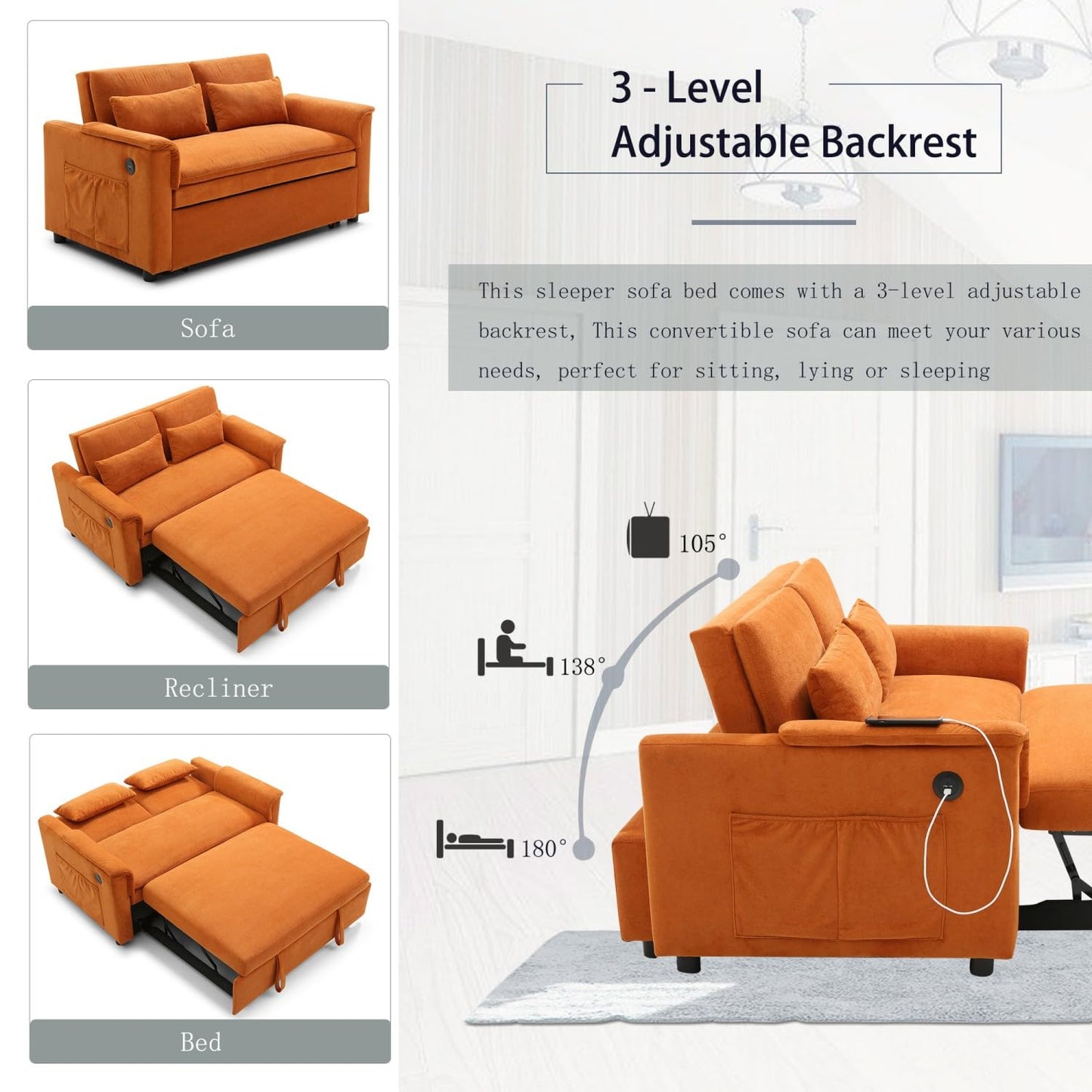 55" Convertible Futon Sofa Bed, Velvet 3 in 1 Sleeper Sofa, Pull Out Couch with USB Ports & 2 Waist Pillows, Adjustable Backrest Loveseat Sofa, Couches for Living Room, Apartment, Bedroom, Tangerine