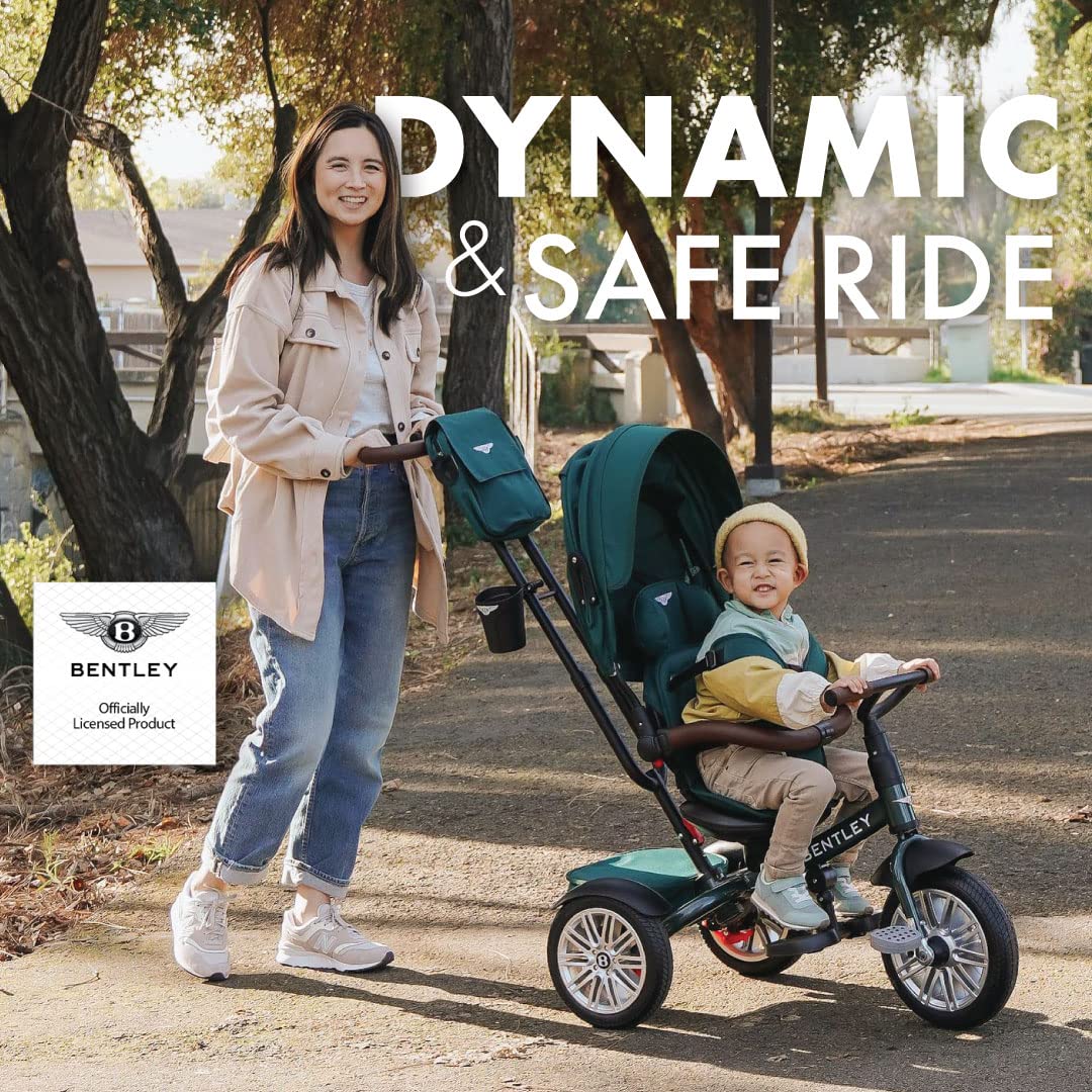 Bentley 6-in-1 Baby Stroller & Toddler Tricycle – Officially Licensed Luxury Kids Bike, Convertible Travel Strollers & Kid Trike with Air Wheels, Canopy & Safety Features (6m-5y+ | Spruce Green)