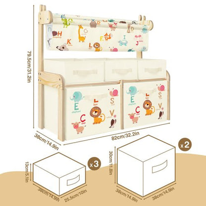 Kids Bookshelf Toy Storage Organizer Wooden Book Shelf with 1 Sling Bookcase and 5 Toy Bins,Toy Box for Boys Girls,3-Tier Nursery Book Shelves for Kids Rooms Bedroom,Playroom,Classroom,Animals