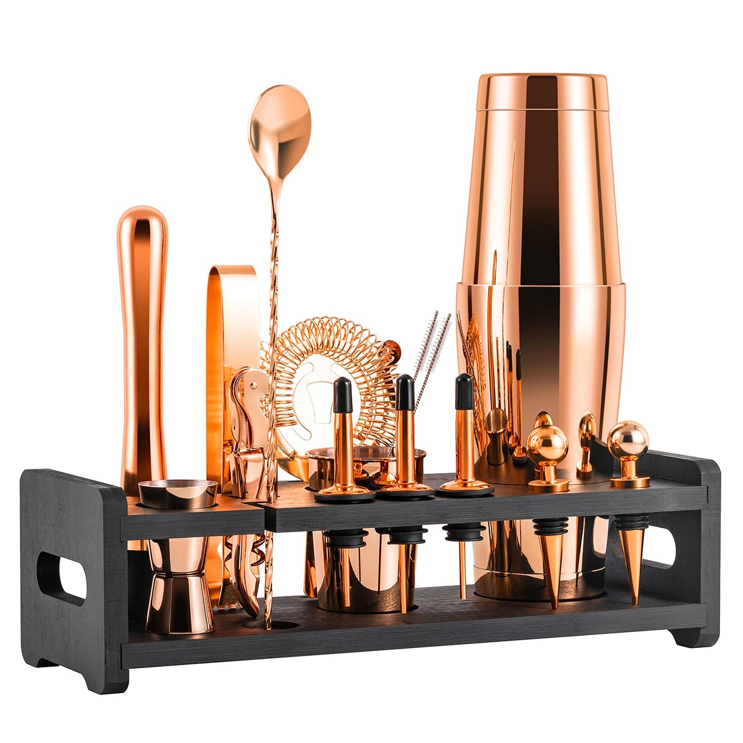 Soing 24-Piece Cocktail Shaker Set,Perfect Home Bartender Kit for Drink Mixing,Stainless Steel Bar Tools With Stand,Velvet Carry Bag & Recipes Cards Included (Rose copper)