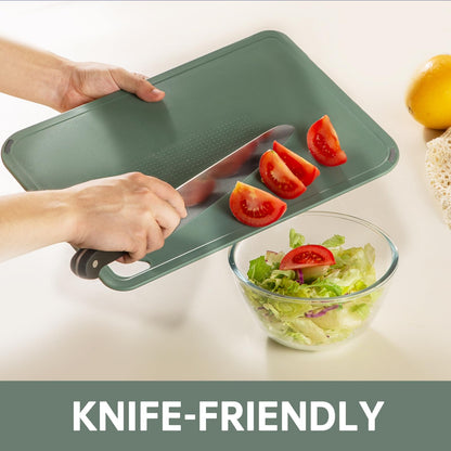 THETCHRY Plastic Cutting Board Set of 3-Cutting Boards for Kitchen BPA Free, Large-Small Chopping Boards Non-Slip for Cooking Camping Dishwasher Safe, Reversible, with Grip Handle, 15"×10"×0.6" Green