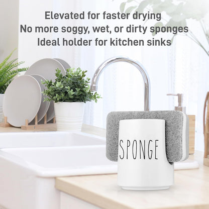 White Ceramic Sponge Holder for Kitchen Sink – Cute Farmhouse Sink Caddy Organizer – Sponge Rest for Countertop