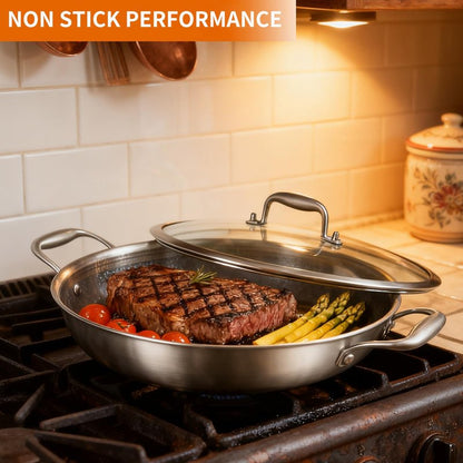 DELARLO Wok Pan With Lid 12 Inch Non stick wok,Oven Safe Up to 600℉,Woks & Stir-Fry Pans Nonstick,Tri-Ply Stainless Steel Wok, 5QT Nonstick Deep Frying Pan, Induction Saute Pan With Lid
