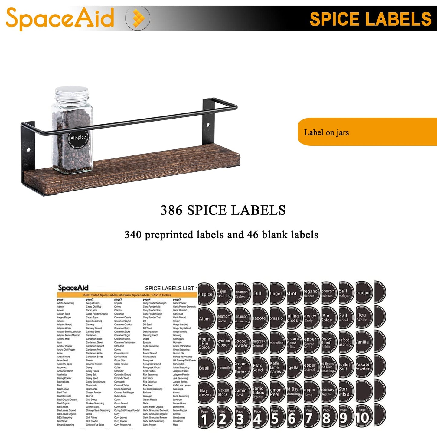 SpaceAid Spice Rack with 24 Spice Jars, 386 Spice Labels, Chalk Marker and Funnel, Wood Hanging Seasoning Shelf for Cabinet Door or Wall Mount (4 Pack)