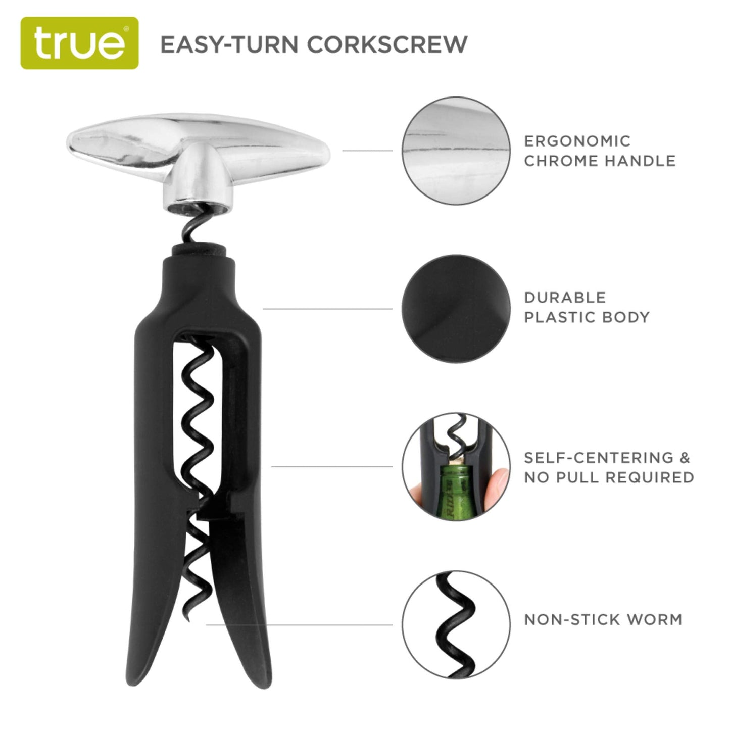 True Self Pulling Corkscrew Wine Opener, Durable Plastic with Easy Turn Chrome Handle, Wine Bottle Opener for Bartenders, Home Bar Tools, Bar Cart Accessories, Kitchen Essentials, Set of 1, Black