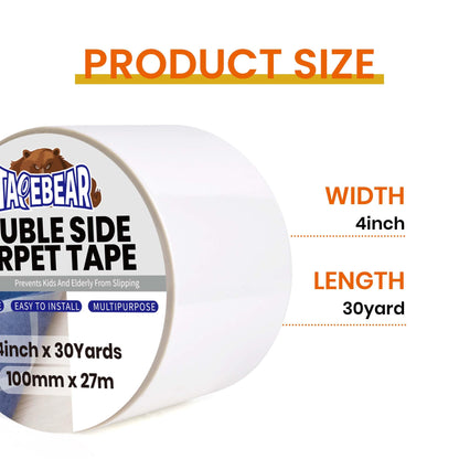 TAPEBEAR Carpet Tape Double Sided 4Inch x 30Yards, Heavy Duty Rug Gripper Anti Slip Anti Curling Floor Tape Residue-Free, Two Sided, Removable, Waterproof for Area Rugs, Mats, Strong Hold for Tile