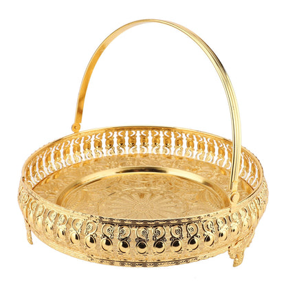 Retro Round Fruit Tray Exquisite Decorative Large Capacity Alloy Dessert Plate Golden Zinc Alloy Fruit Trays for Parties with Handle Decorative Serving Tray for Party Home Bar Cafe
