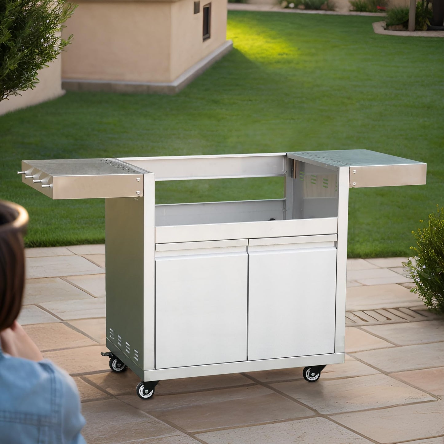 Stainless Steel Grill Cart for Hygrill 4-Burner Built-In Gas Grill, Outdoor Kitchen Island with Foldable Side Shelves and Storage Cabinet