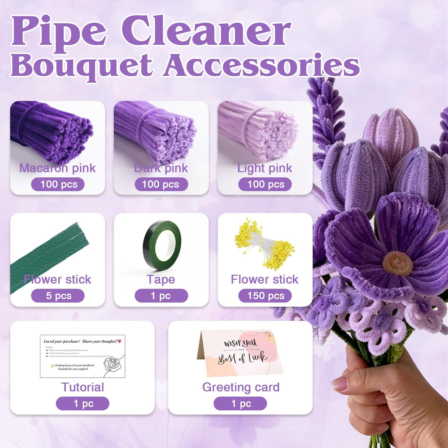 216 pcs Pink Purple OliveGreen Pipe Cleaners Set with Floral Wires & Gardening Tape, Chenille Stems Pipecleaners for Tulip Bouquet Making,Kids DIY Craft Projects and Decorations (Purple Theme)