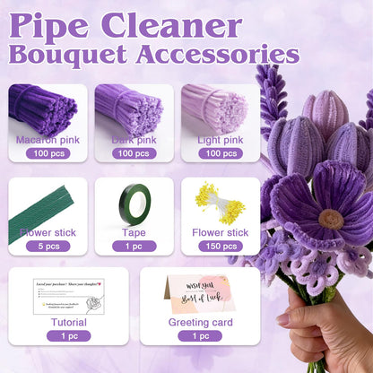 216 pcs Pink Purple OliveGreen Pipe Cleaners Set with Floral Wires & Gardening Tape, Chenille Stems Pipecleaners for Tulip Bouquet Making,Kids DIY Craft Projects and Decorations (Purple Theme)