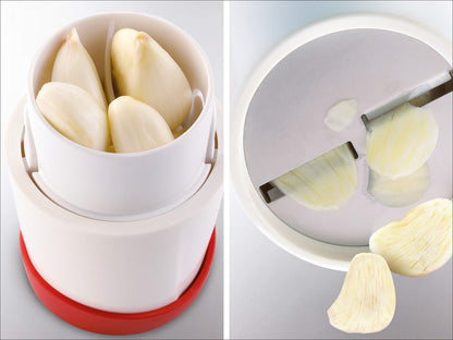 Leifheit Gourmet Garlic Slicer, Stainless Steel Blades, ABS Plastic Body, Twist-to-Slice Design, Safe for Garlic, Ginger, Cheese, Chocolate, Dishwasher Safe, German Quality, White/Red